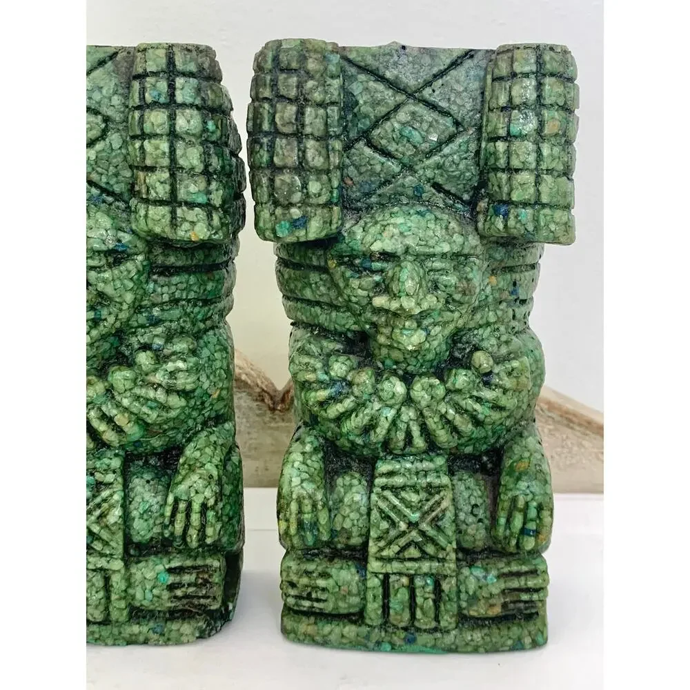 Vintage Mexican Crushed Malachite Aztec Style Figural Bookends Southwestern